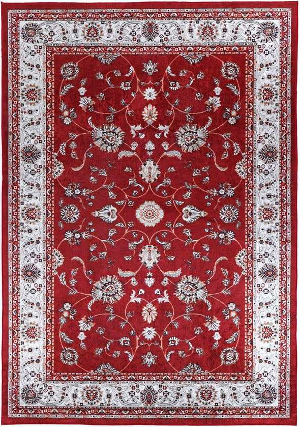 Angelic Traditional Floral Border Red Non-Slip Rug