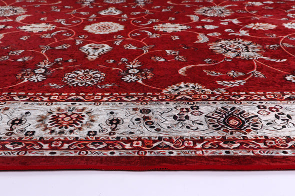 Angelic Traditional Floral Border Red Non-Slip Rug