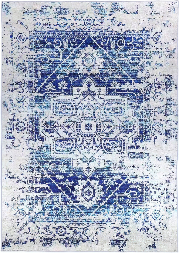 Angelic Distressed Navy White Traditional Non-Slip Rug