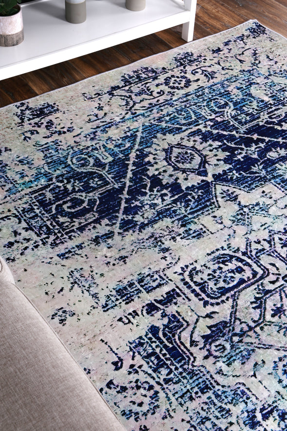 Angelic Distressed Navy White Traditional Non-Slip Rug