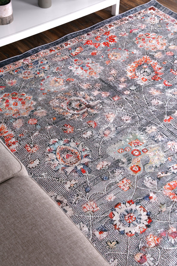 Angelic Distressed Floral Grey Multi Non-Slip Rug