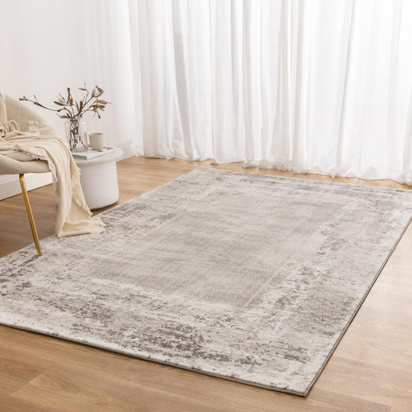 Atina Distressed Border Beige Grey Rug