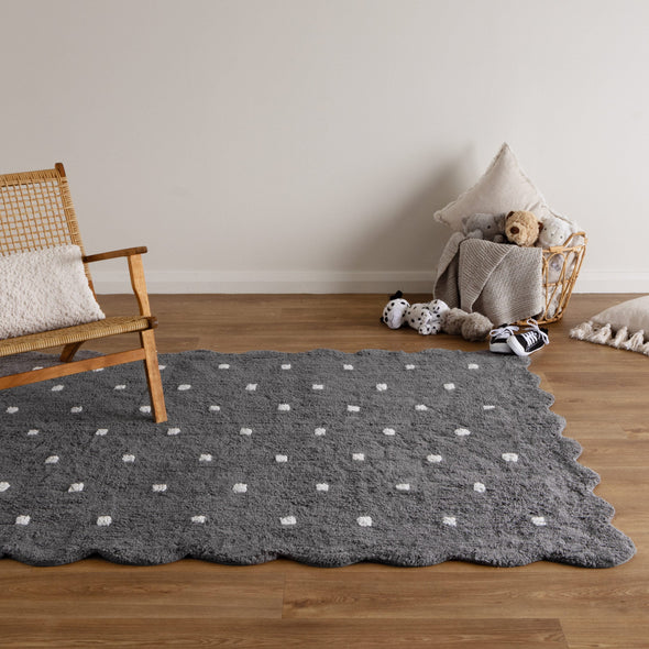 Mellow Rectangle Scalloped Kids Rug Grey