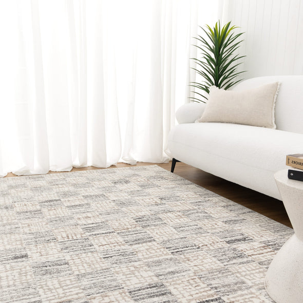 Jade Distressed Checkers Grey Beige Rug