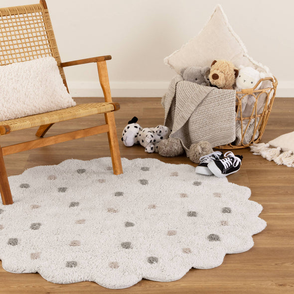 Mellow Round Scalloped Kids Rug White & Multi