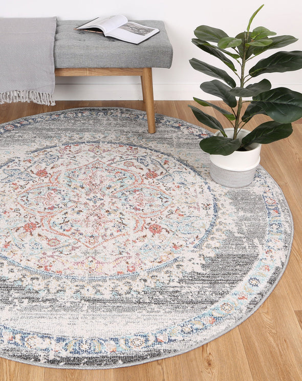 Neptune Hollow Medalion Transitional Grey Round Rug