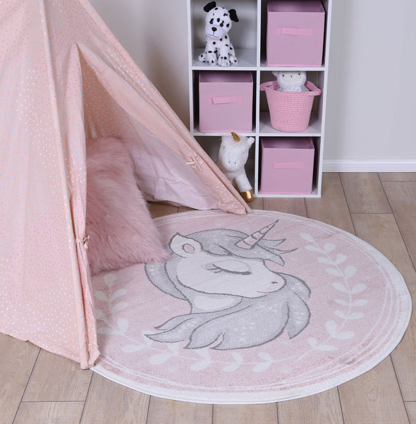 Nova Sleeping Unicorn Kids Pink Round Rug