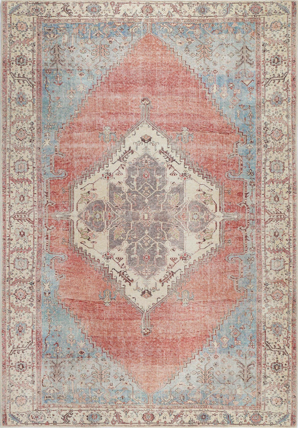 Home Culture Distressed Vintage Belle Rust Blue Wipe Clean Machine Washable Kid&Pet Friendly 270 x 365cm Rug