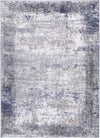 Contemporary grey rug with blue and grey abstract design. Made from recycled cotton, easy to clean, anti-allergen.
