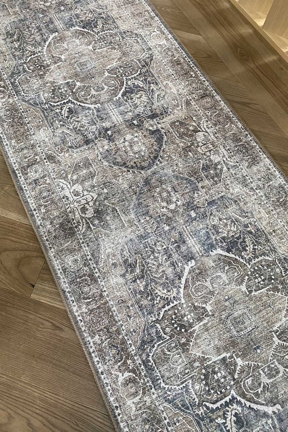 Home Culture Distressed Vintage Kendra Ash Wipe Clean Machine Washable Pet Friendly 70 x 110cm Runner