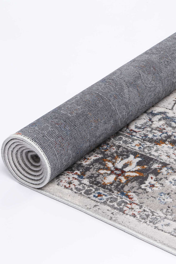 Almada ash and multicoloured Florwers transitional Rug rolled