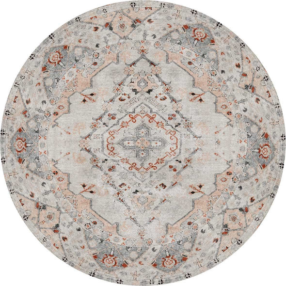 Machine-washable Sauville Blush Multi Round Rug with Nano Wipe technology for easy cleanups.